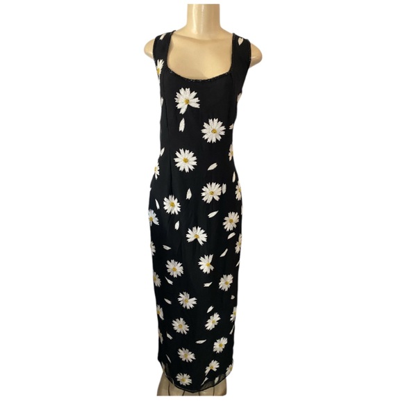 Y2K GUAL Designer Silk Embroidered Beaded Daisy Long Dress Black Size Large - Picture 2 of 12